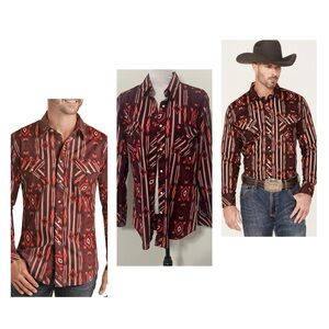 Rock&Roll Denim Men Medium Modern Fit Burgundy Aztec Print Snap Button Shirt EUC